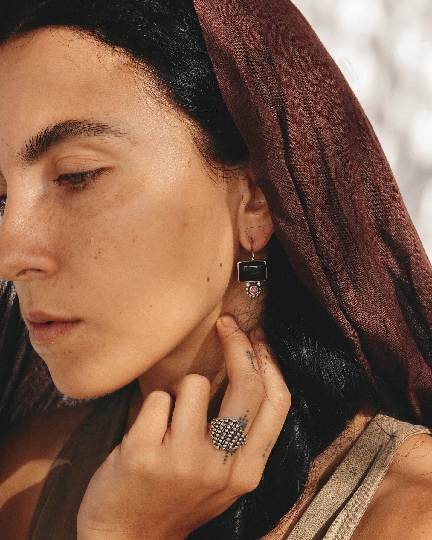 N140- Black Onyx & Turmaline Silver Earrings