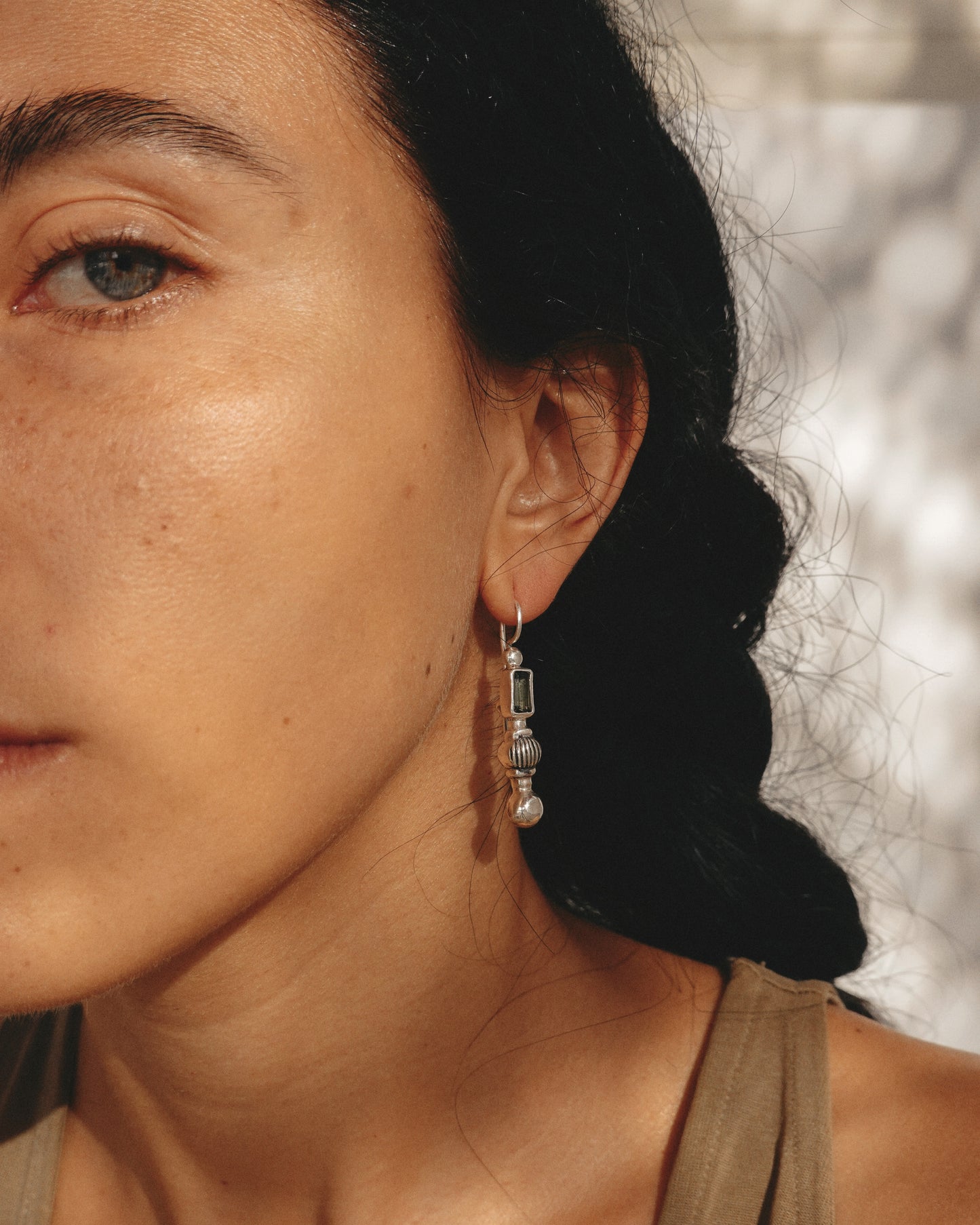 N146- Green Turmaline Empty Dye-cutting Silver earrings