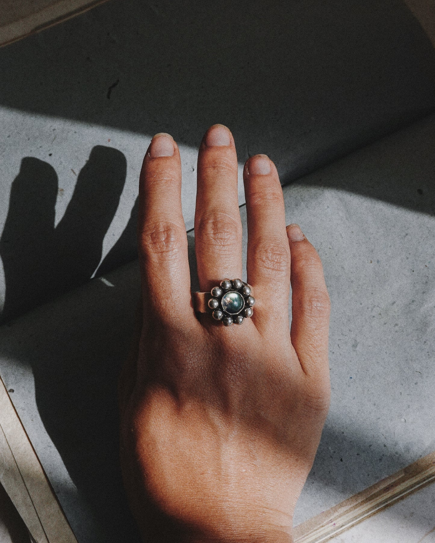 N116 - Phool Rainbow moonstone Adjustable Silver Ring