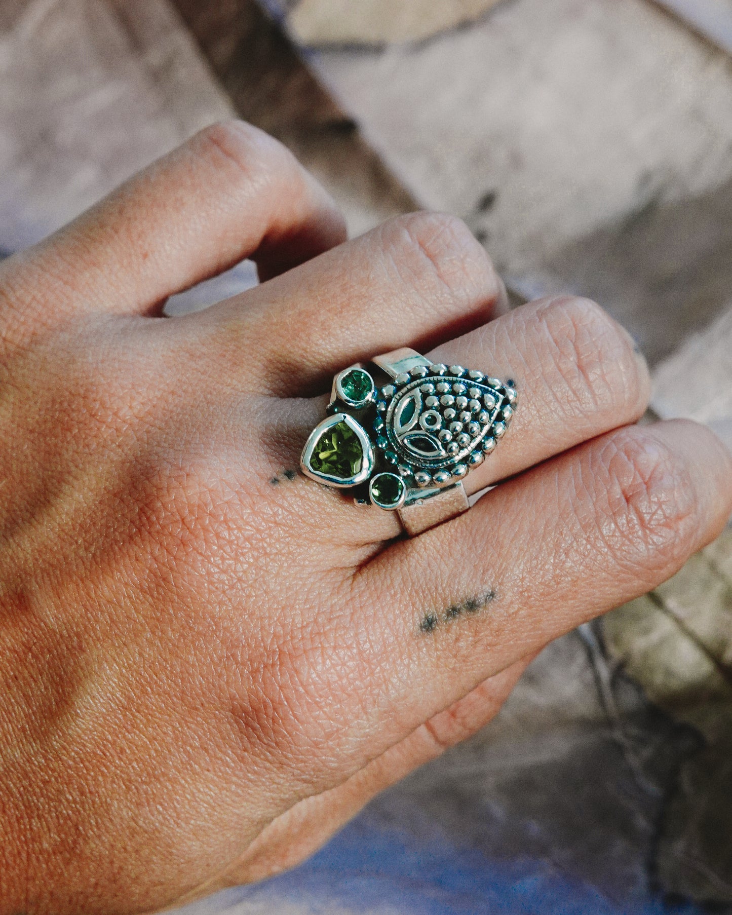 N108 - Natural Peridot Adjustable Silver Ring