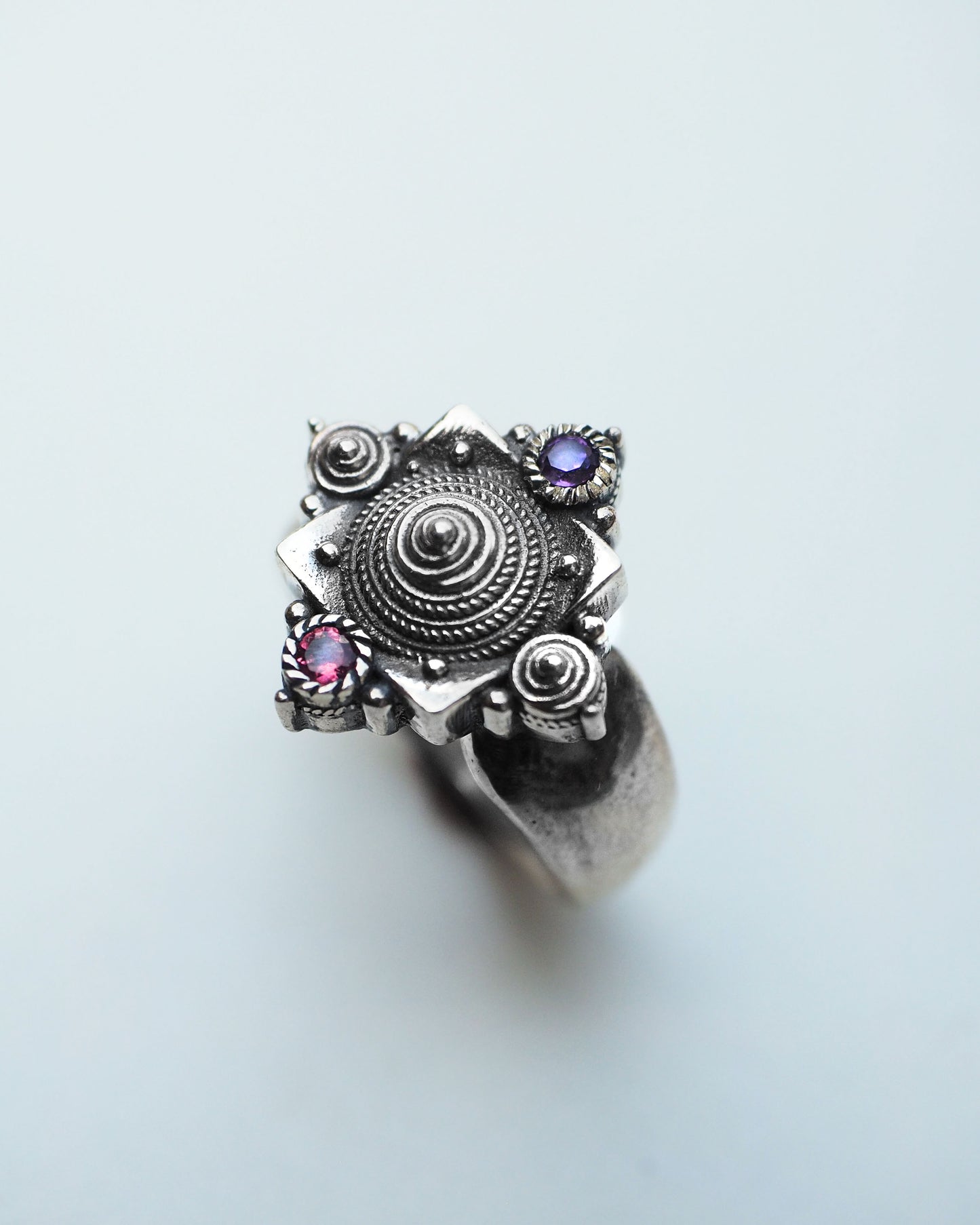 N30- Pagoda Ring with Amethyst and Tourmaline
