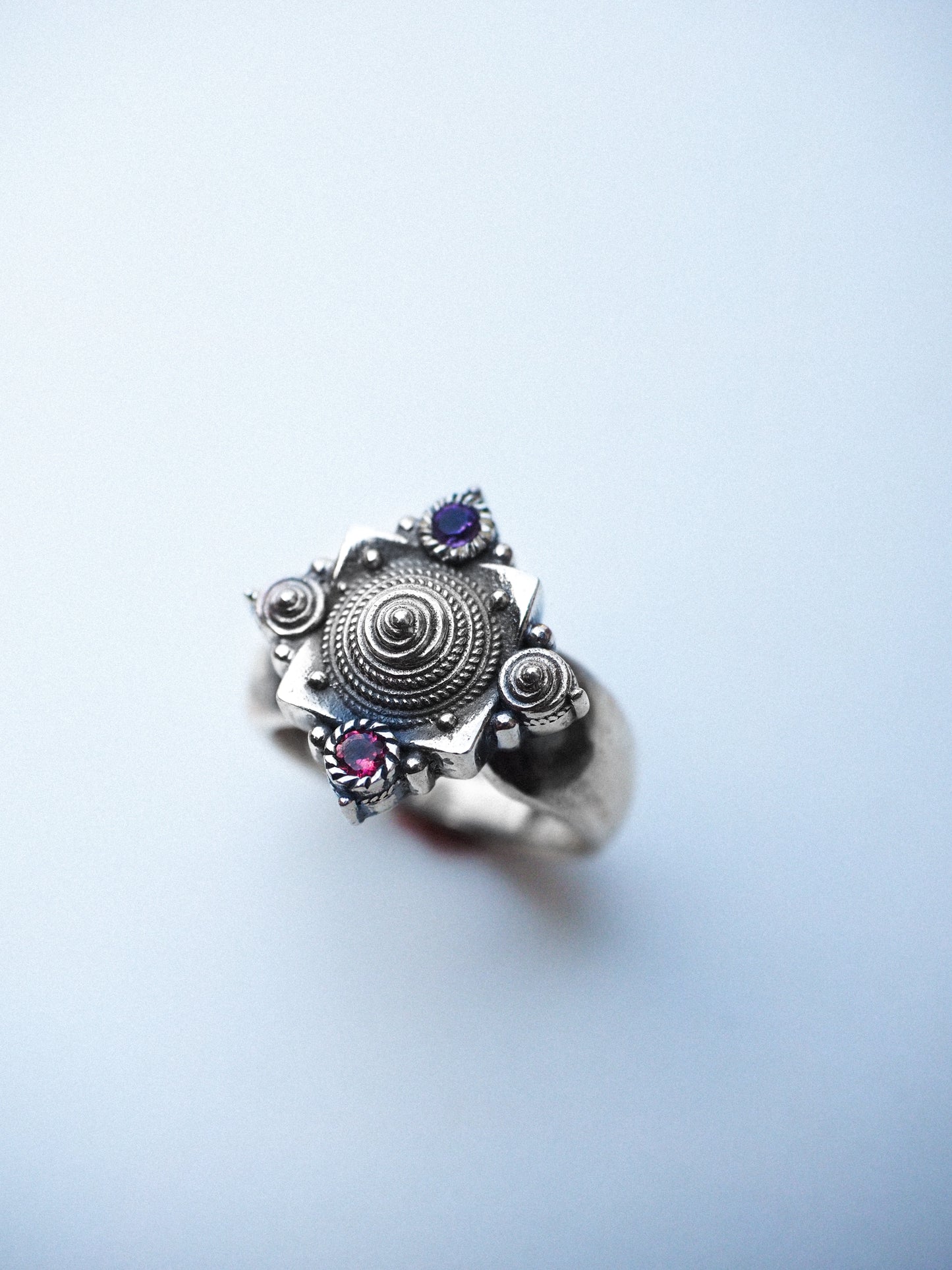 N30- Pagoda Ring with Amethyst and Tourmaline
