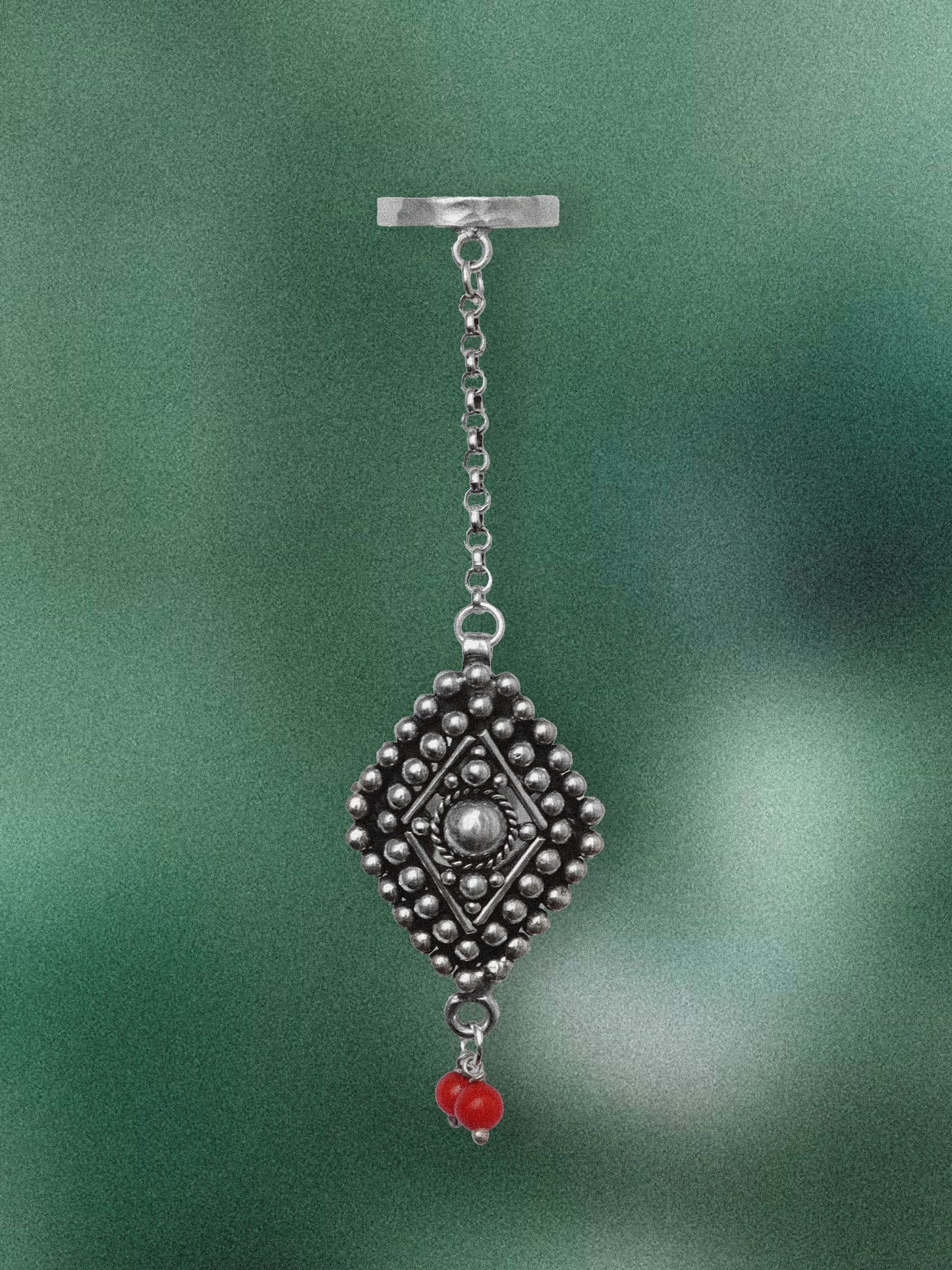 N107 -Natural Coral Adjustable Chain Silver Ring