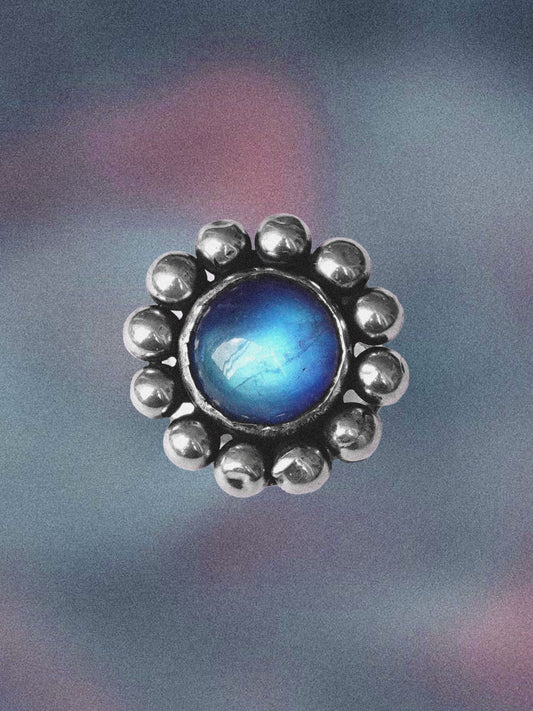 N117 - Phool Rainbow moonstone  Adjustable Silver Ring