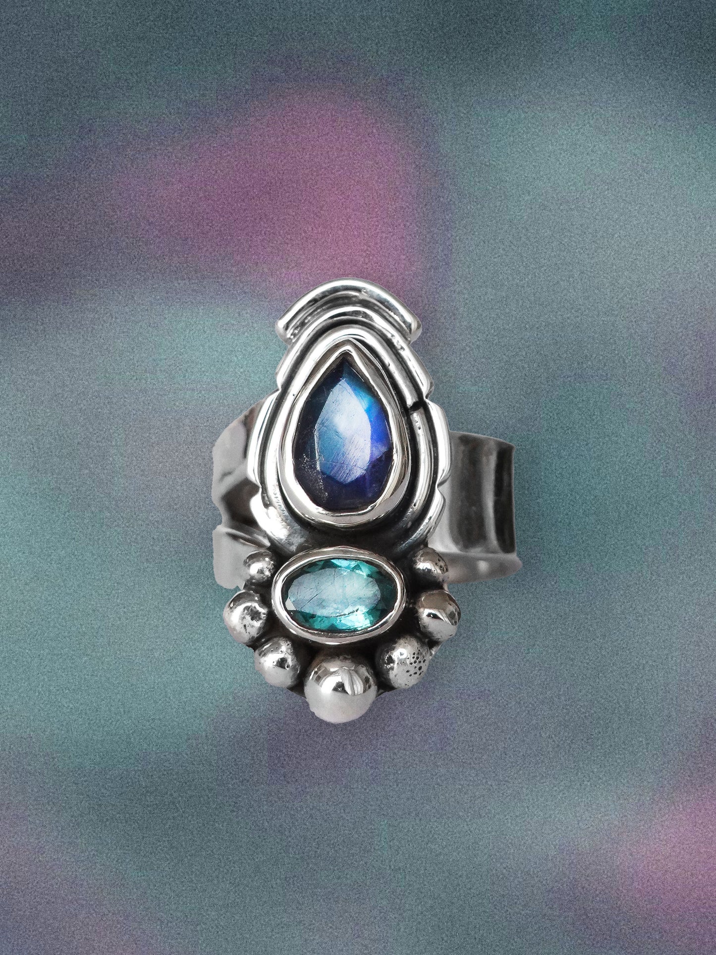 N120 - Ocean Rainbow Moonstone & Apatite Adjustable Silver Ring