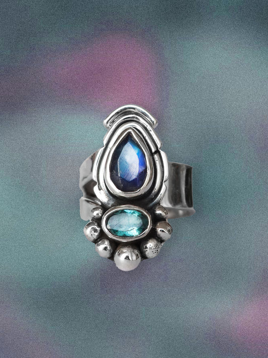 N120 - Ocean Rainbow Moonstone & Apatite Adjustable Silver Ring