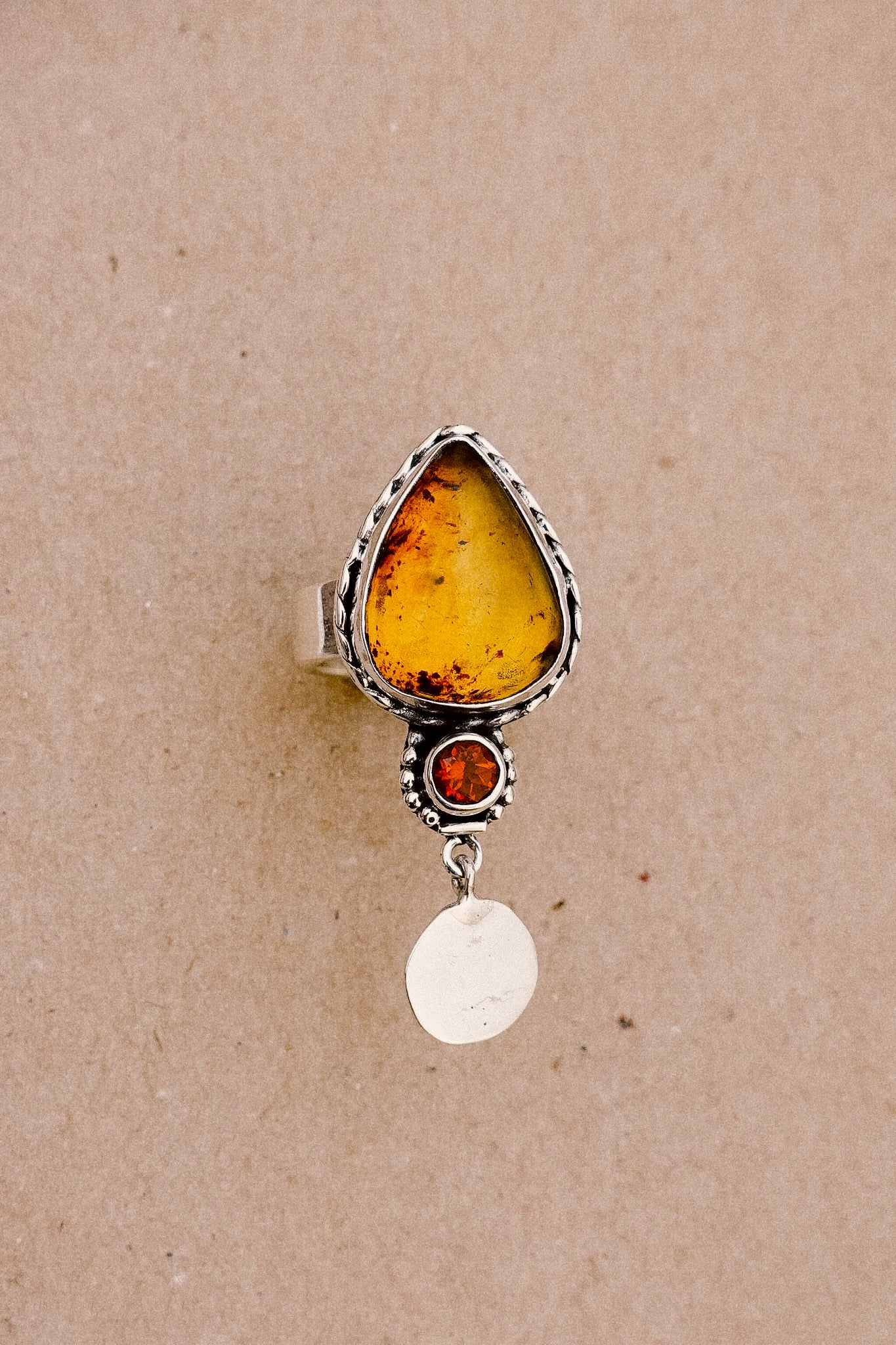 N175 - Coin Silver Ring with Mexican Amber & Orange Garnet