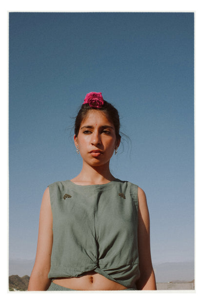 W2 – Knot Crop Top | Rayon Tie-Front Blouse with Hand Embroidery