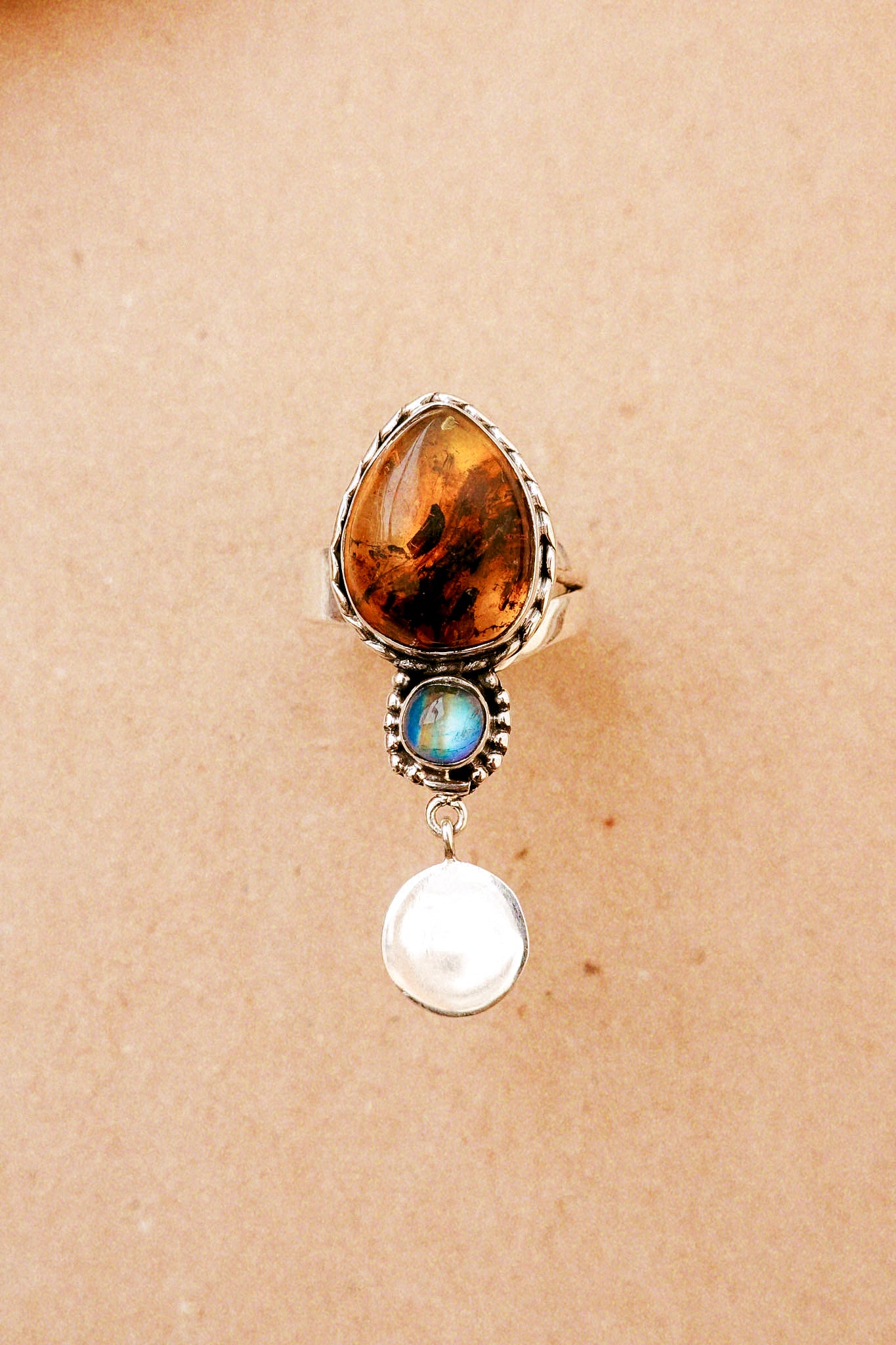 N180 - Coin Silver Ring with Mexican Amber & Rainbow moonstone