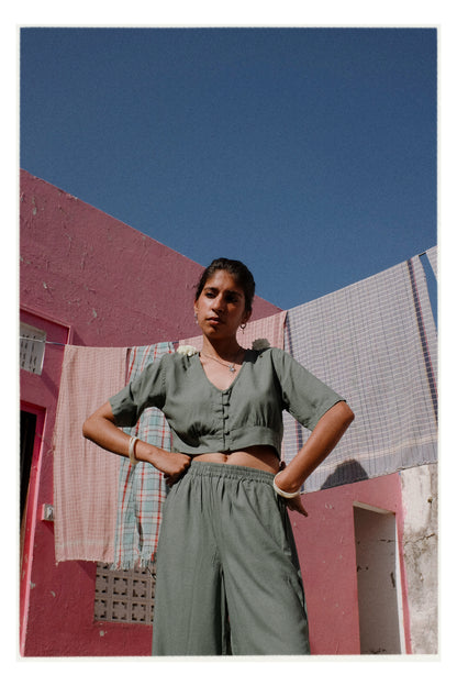 W1 – Choli Crop Top | Rayon Blouse with Hand-Embroidered Details and Covered Buttons