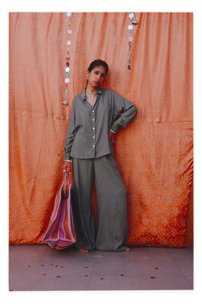 W7 – Long Sleeve Shirt & Palazzo Set | Rayon Wide-Leg Pants Handmade Embroidery
