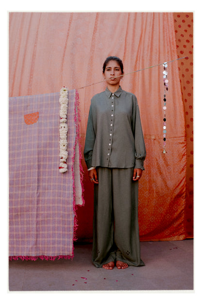 W7 – Long Sleeve Shirt & Palazzo Set | Rayon Wide-Leg Pants Handmade Embroidery
