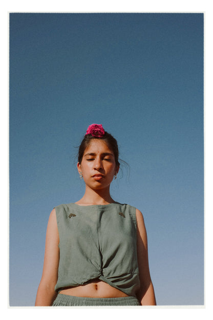 W2 – Knot Crop Top | Rayon Tie-Front Blouse with Hand Embroidery