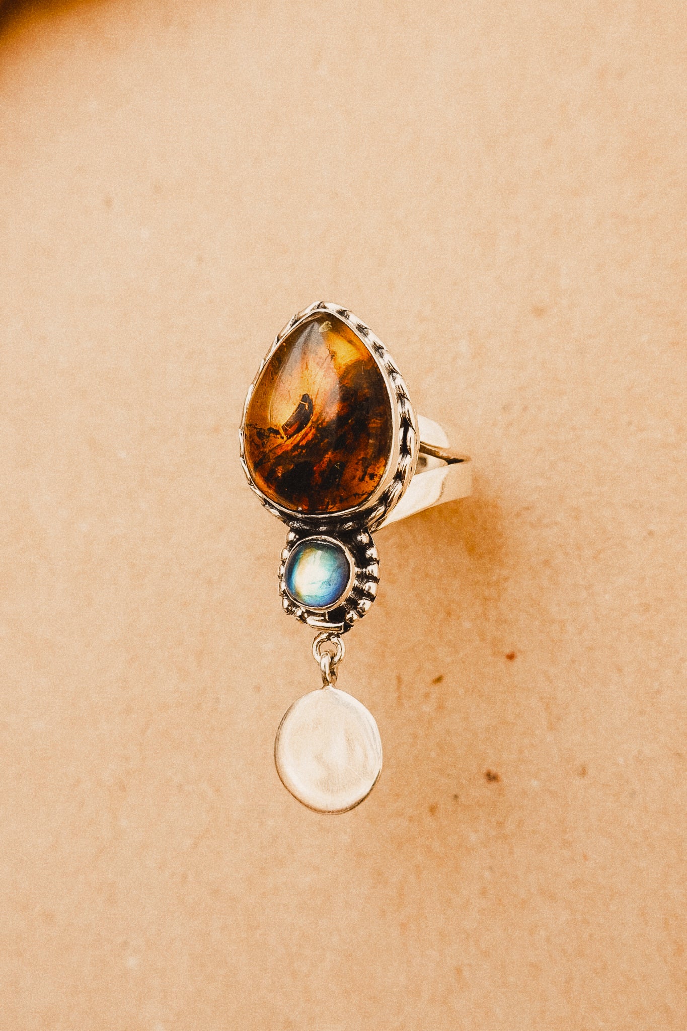 N180 - Coin Silver Ring with Mexican Amber & Rainbow moonstone