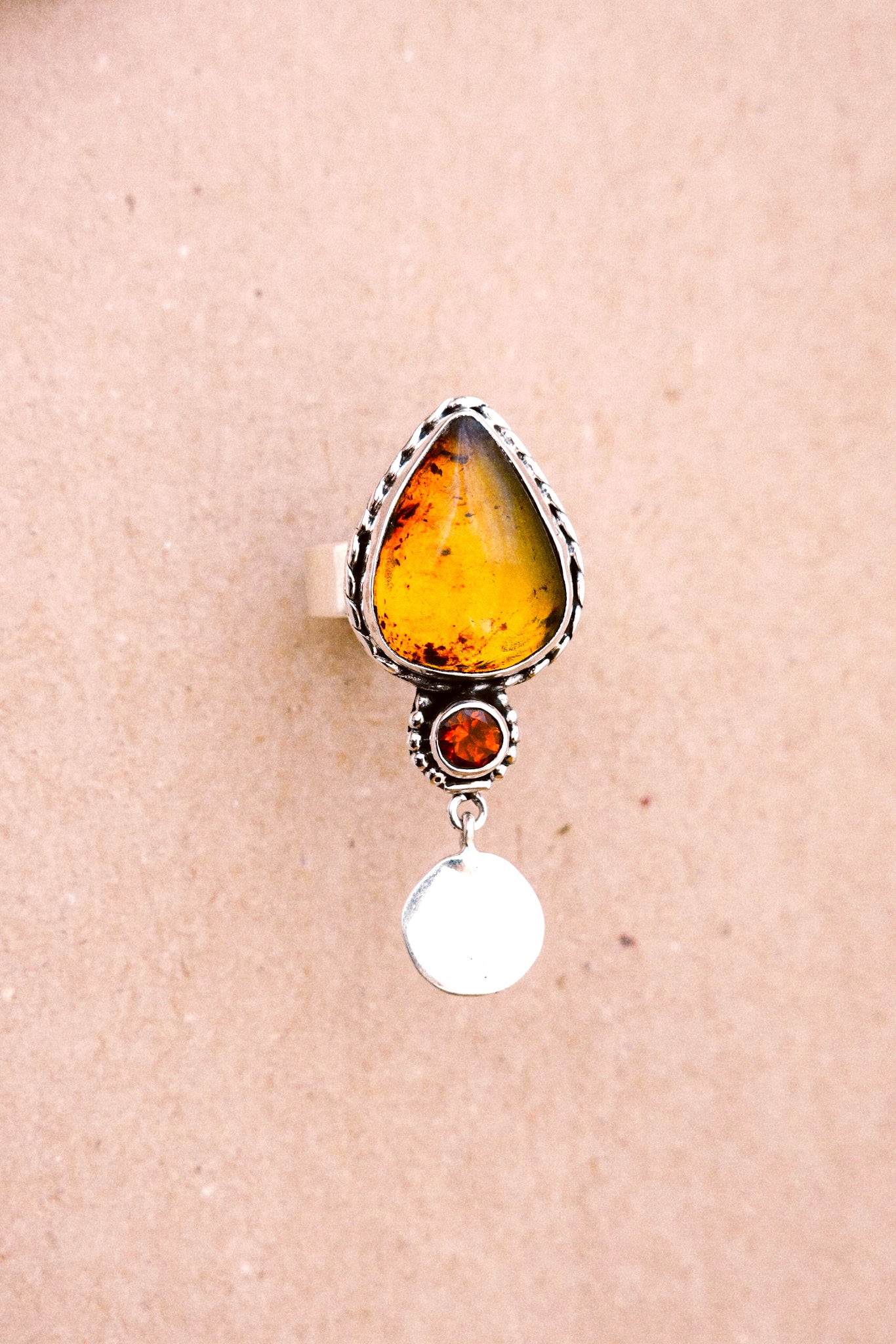 N175 - Coin Silver Ring with Mexican Amber & Orange Garnet