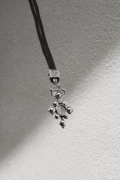 N212 - Berber-Inspired Cross Pendant  925 Silver with Central Mirror
