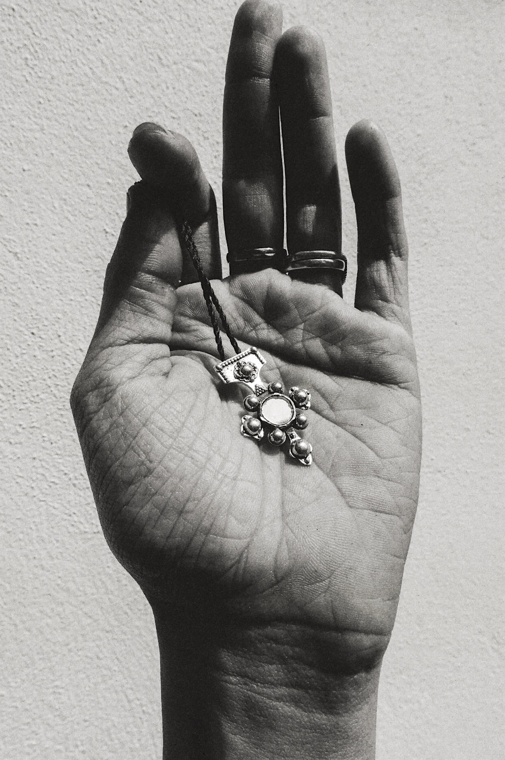 N212 - Berber-Inspired Cross Pendant  925 Silver with Central Mirror