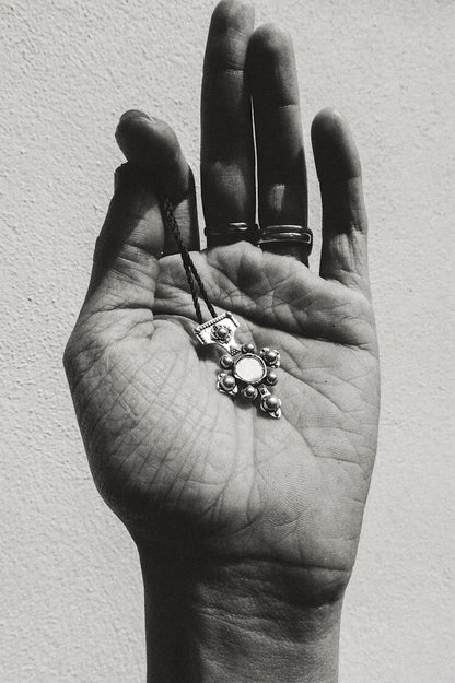 N212 - Berber-Inspired Cross Pendant  925 Silver with Central Mirror