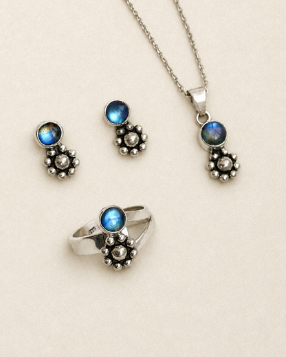 N149- PHOOL SET Blue Rainbow Moonstone Earrings, Necklace & Ring