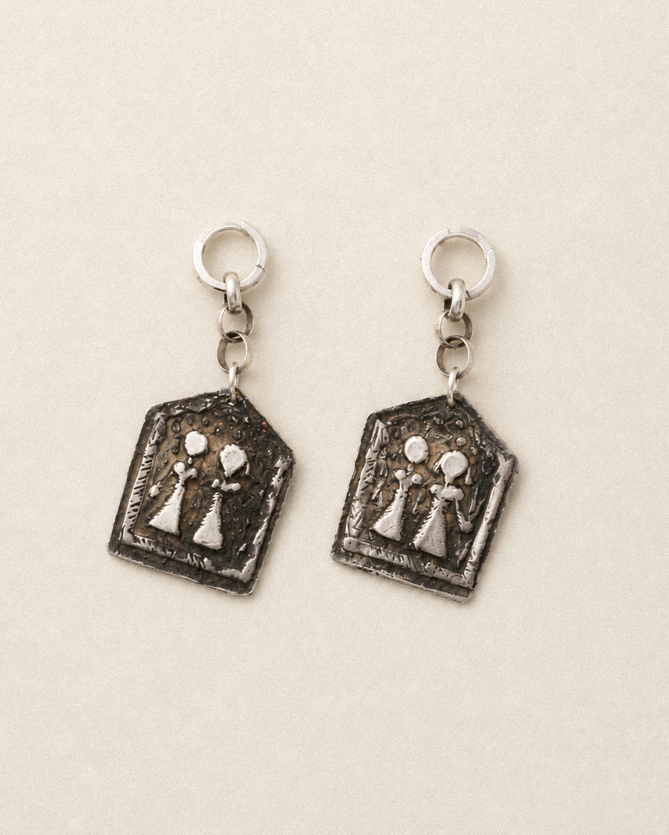 N62 – Handmade Silver Tribal Earrings From Northern india Banjara twin gods