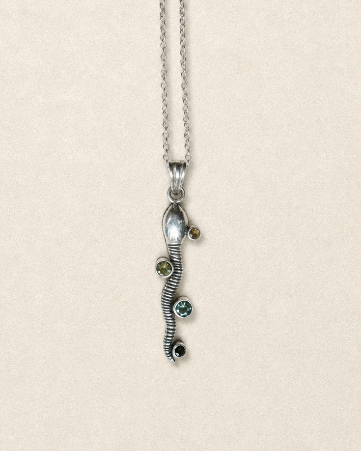 N218-Handcrafted Snake Necklace with Green Tourmalines in 925 Silver PREORDER