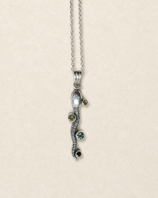 N218-Handcrafted Snake Necklace with Green Tourmalines in 925 Silver PREORDER