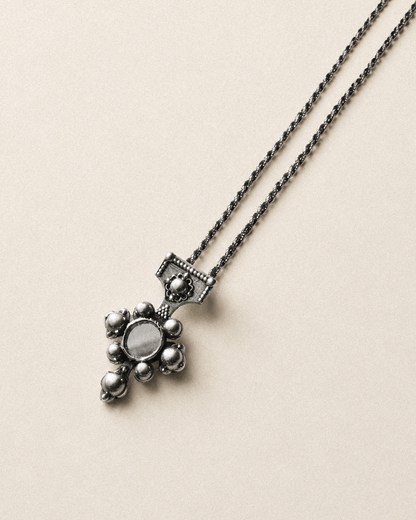 N212 - Berber-Inspired Cross Pendant  925 Silver with Central Mirror