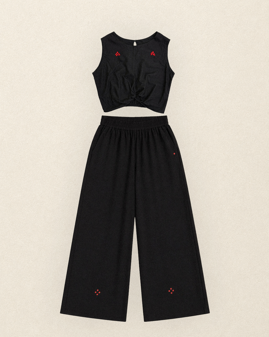 W8 – Knot Top & Palazzo Set | Rayon Tie-Front and Wide-Leg Pants Hand Embroidery