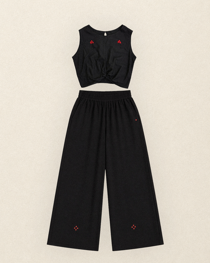 W8 – Knot Top & Palazzo Set | Rayon Tie-Front and Wide-Leg Pants Hand Embroidery