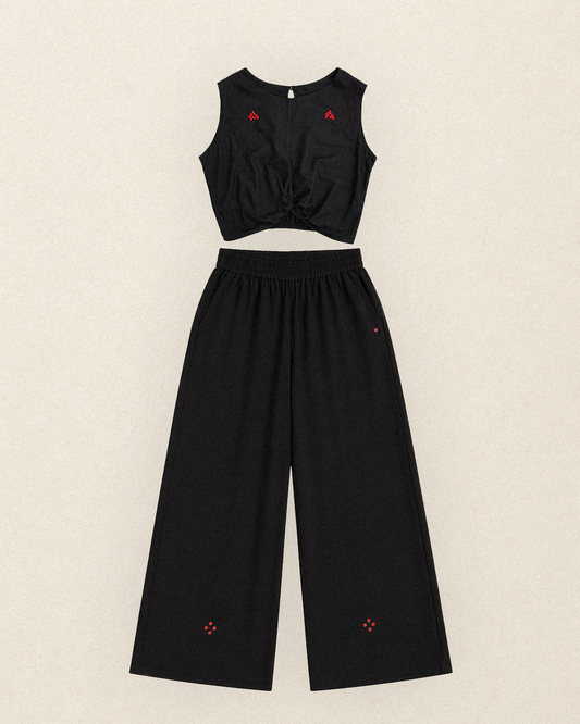 W8 – Knot Top & Palazzo Set | Rayon Tie-Front and Wide-Leg Pants Hand Embroidery