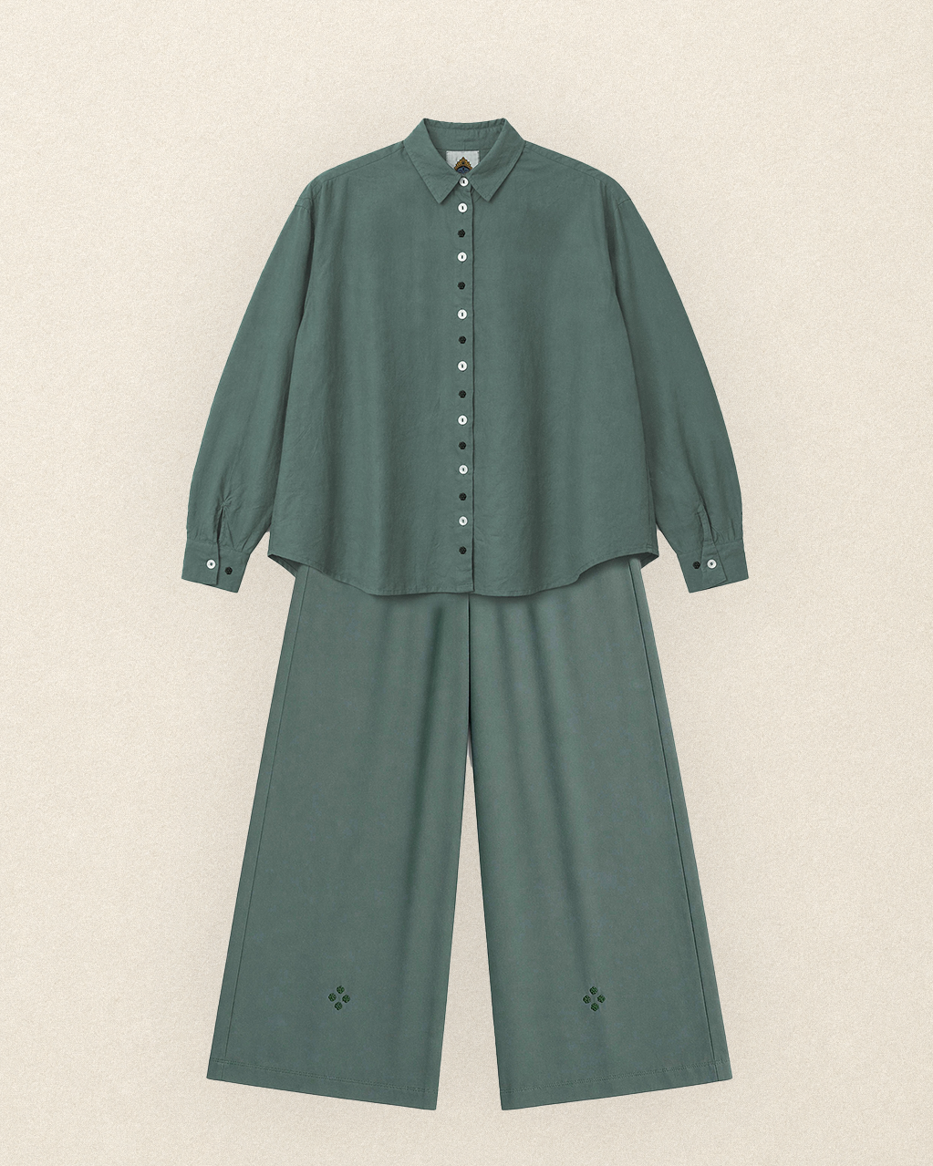 W7 – Long Sleeve Shirt & Palazzo Set | Rayon Wide-Leg Pants Handmade Embroidery