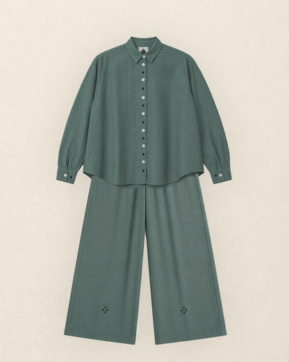 W7 – Long Sleeve Shirt & Palazzo Set | Rayon Wide-Leg Pants Handmade Embroidery
