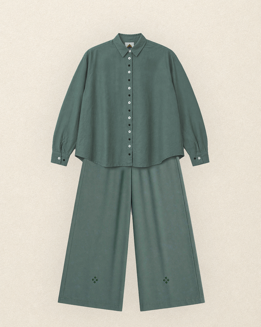 W7 – Long Sleeve Shirt & Palazzo Set | Rayon Wide-Leg Pants Handmade Embroidery