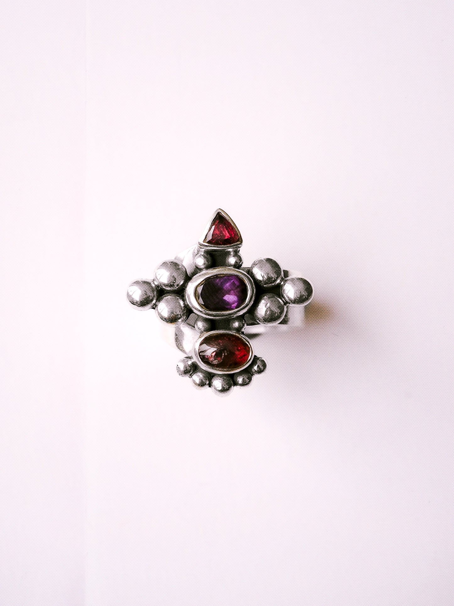 N73-  Amethyst & turmaline  Silver 925 Adjustable Ring