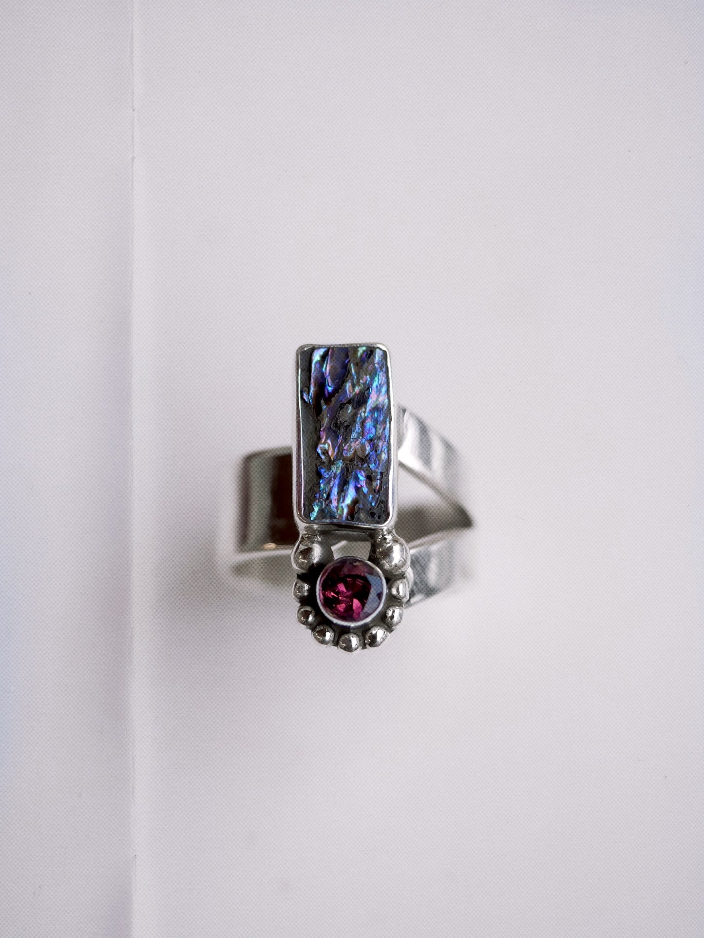 N70-  Abalone & turmaline  Silver 925 Adjustable Ring