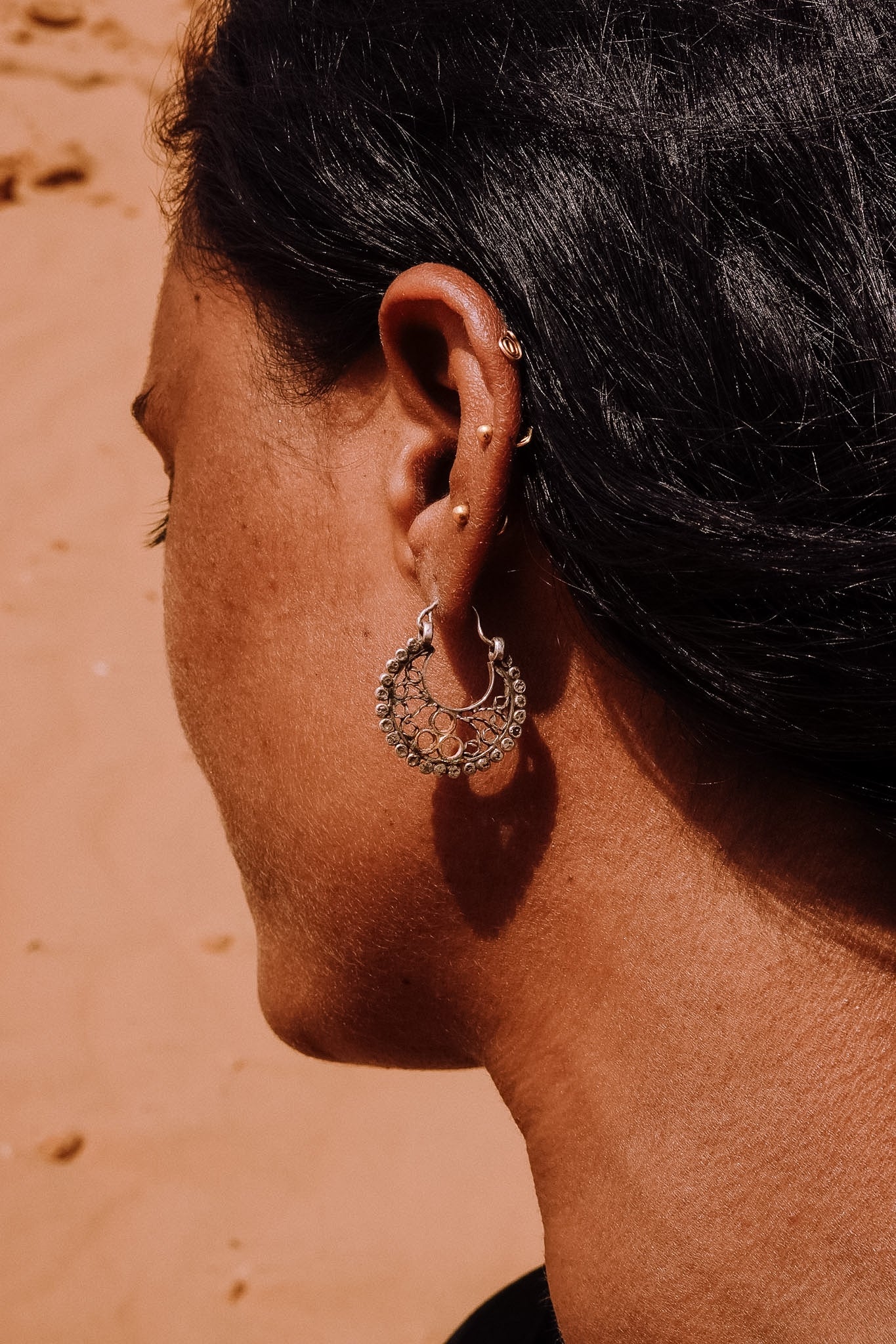 N207 - Antique Filigree Hoop Silver Earrings  Museum Piece