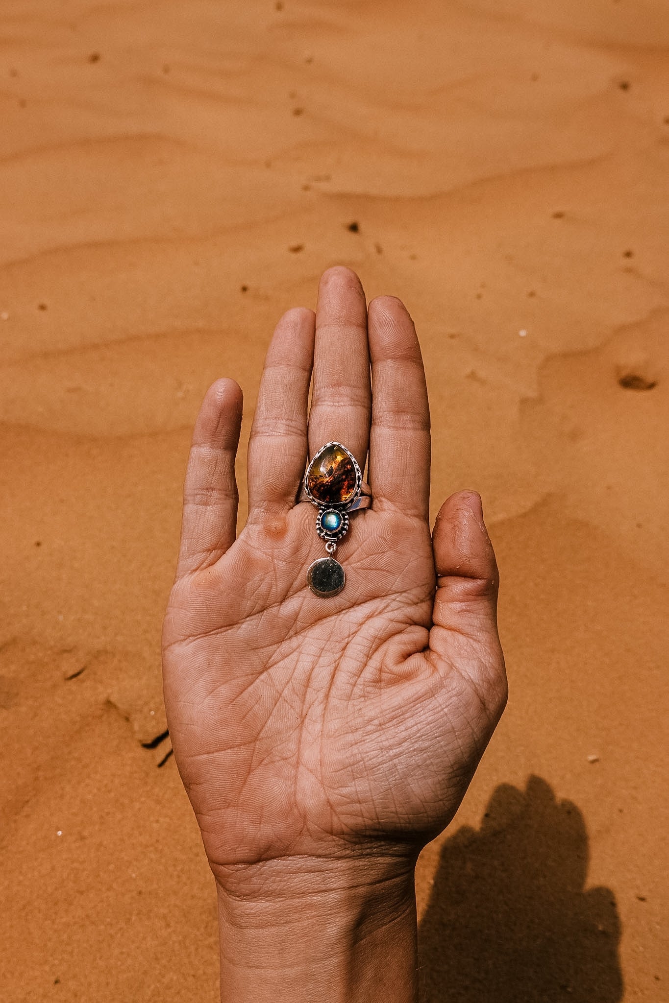 N180 - Coin Silver Ring with Mexican Amber & Rainbow moonstone