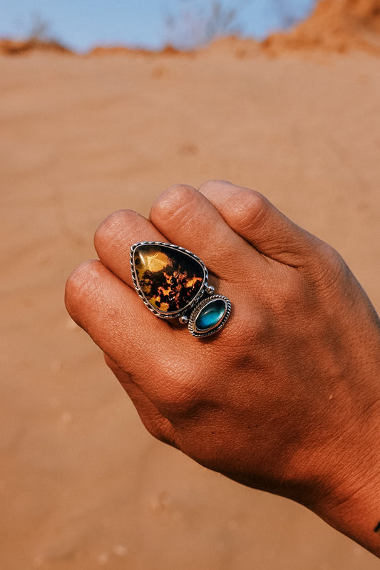 N176 - Silver Ring with Mexican Amber & Rainbow Moonstone
