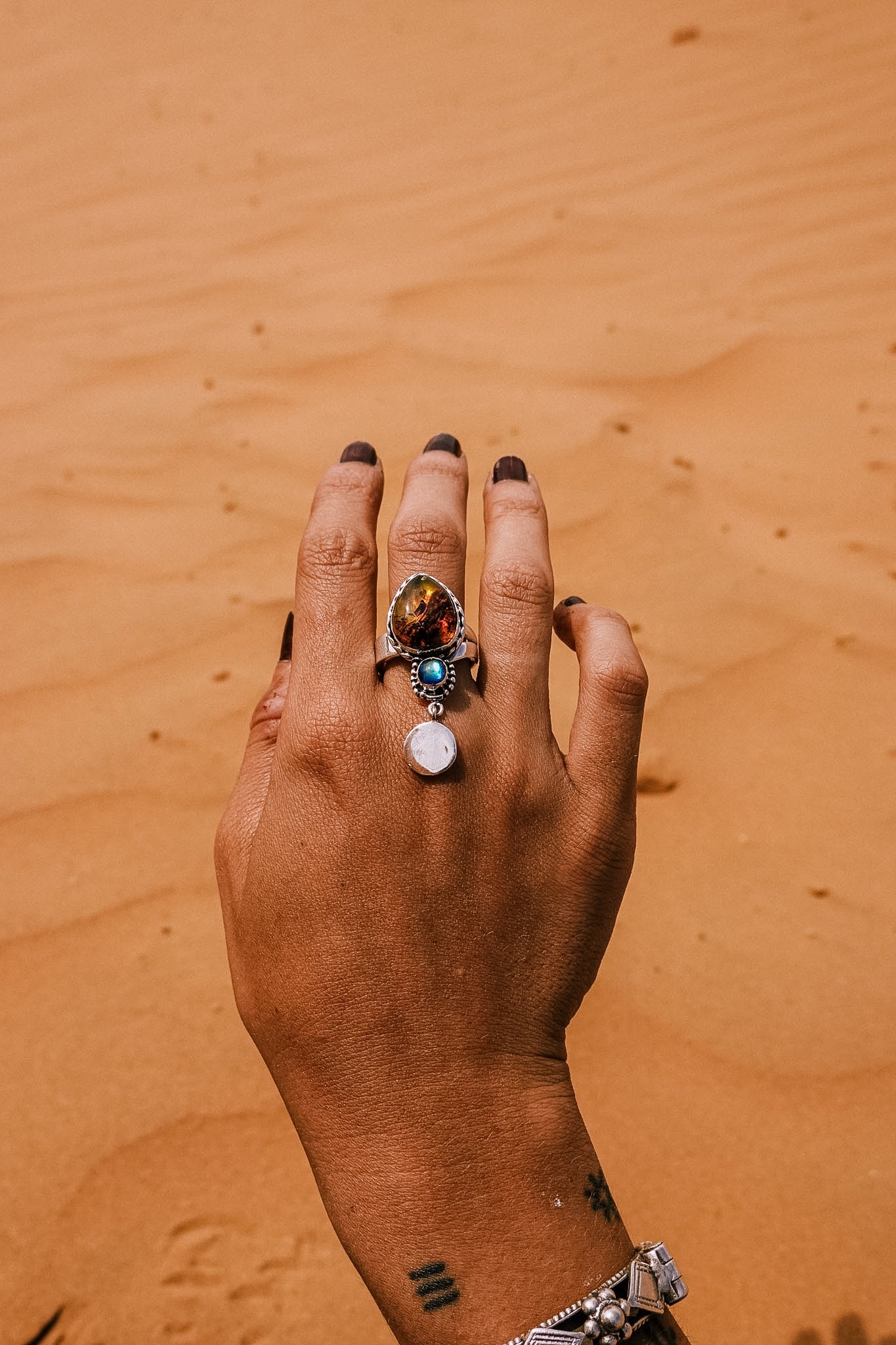 N180 - Coin Silver Ring with Mexican Amber & Rainbow moonstone