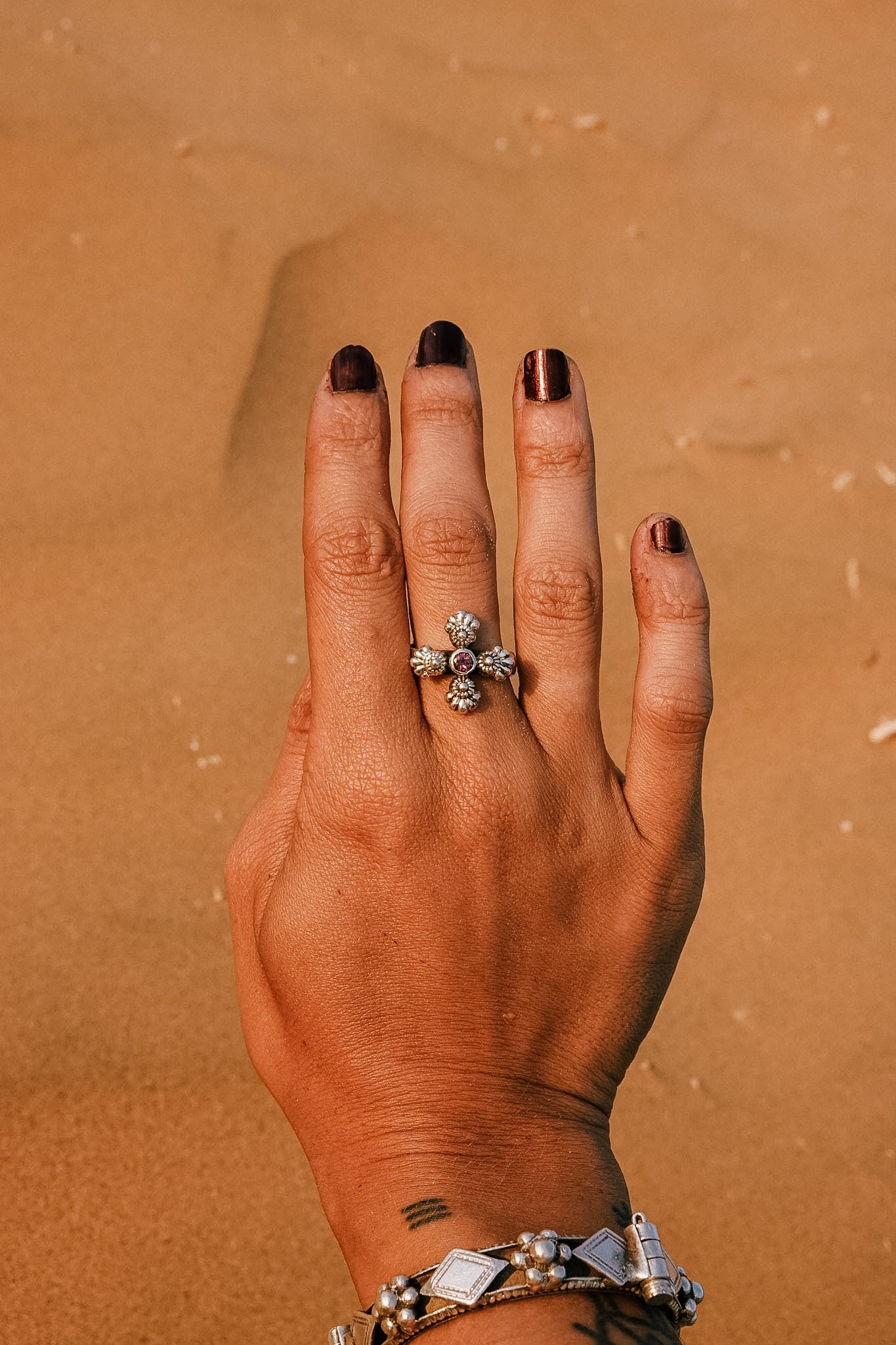 N181 - Phool Silver Ring Orange Garnet & Turmaline