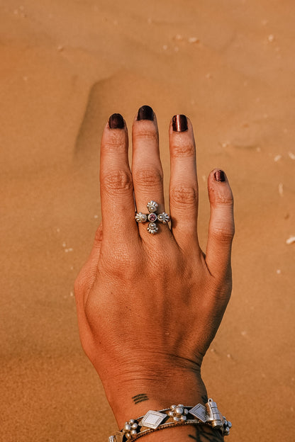N181 - Phool Silver Ring Orange Garnet & Turmaline