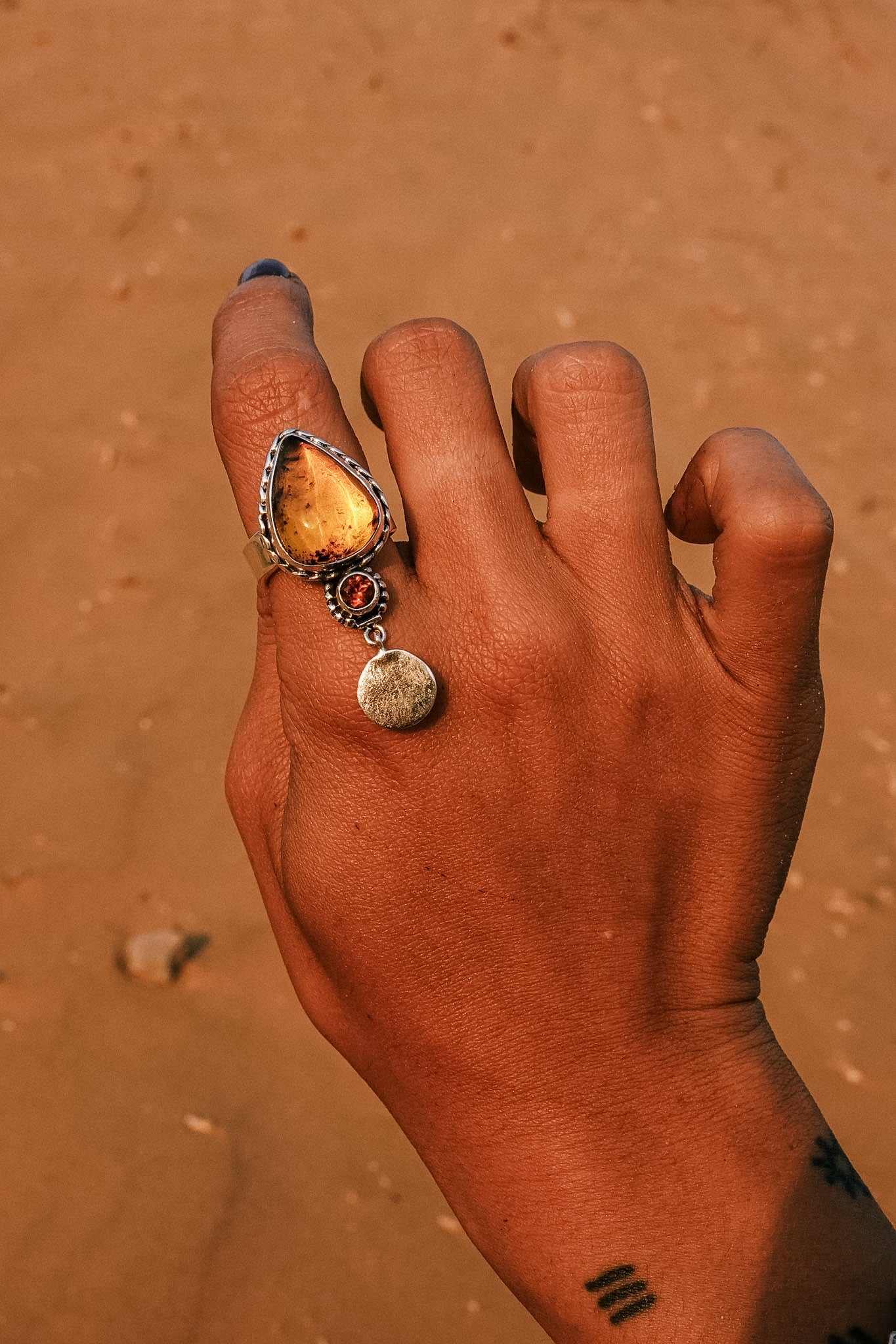 N175 - Coin Silver Ring with Mexican Amber & Orange Garnet