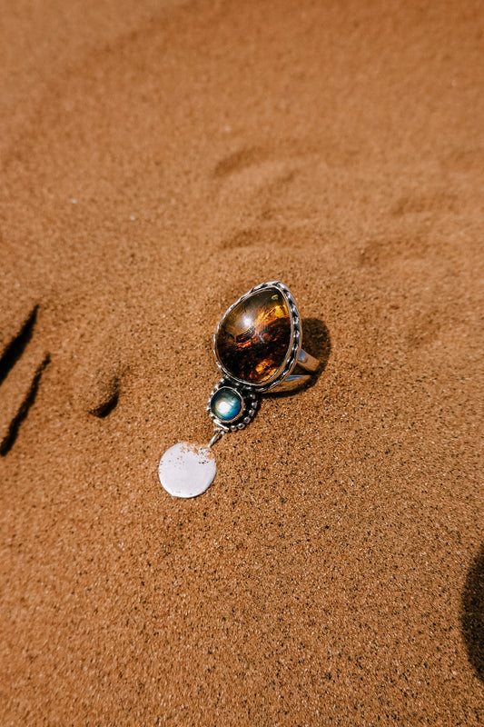 N180 - Coin Silver Ring with Mexican Amber & Rainbow moonstone
