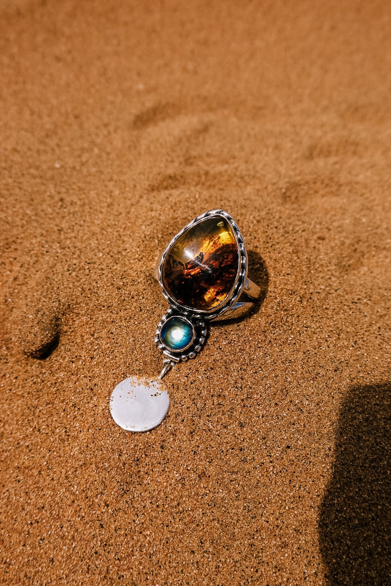 N180 - Coin Silver Ring with Mexican Amber & Rainbow moonstone