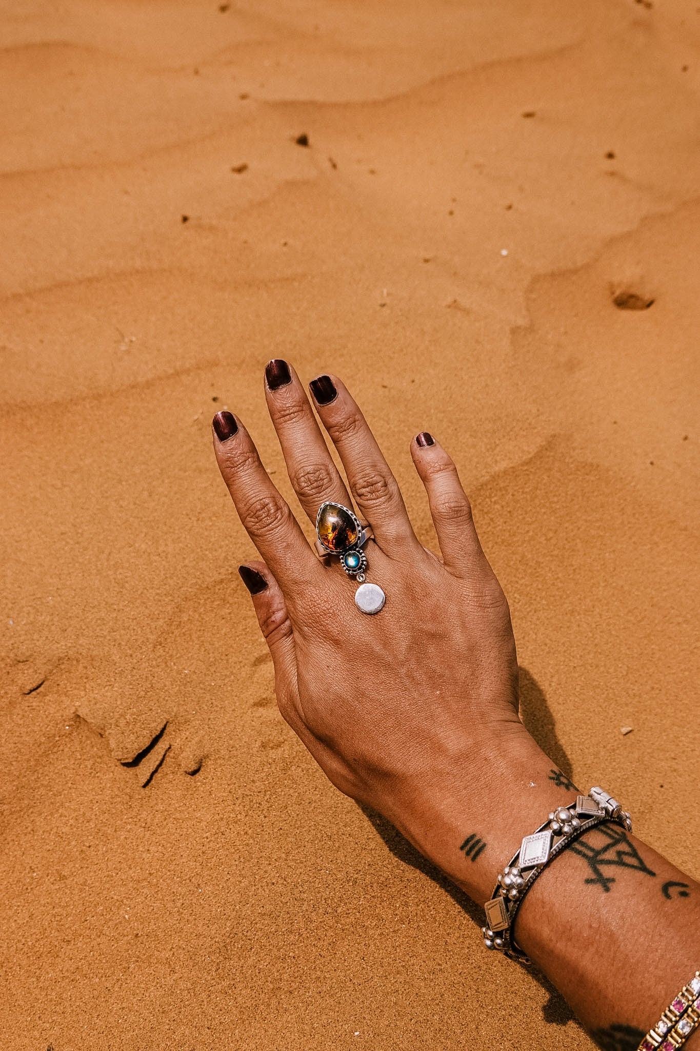 N180 - Coin Silver Ring with Mexican Amber & Rainbow moonstone