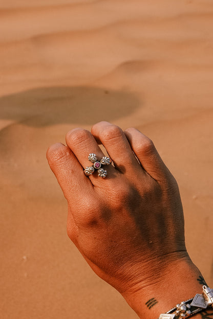 N181 - Phool Silver Ring Orange Garnet & Turmaline