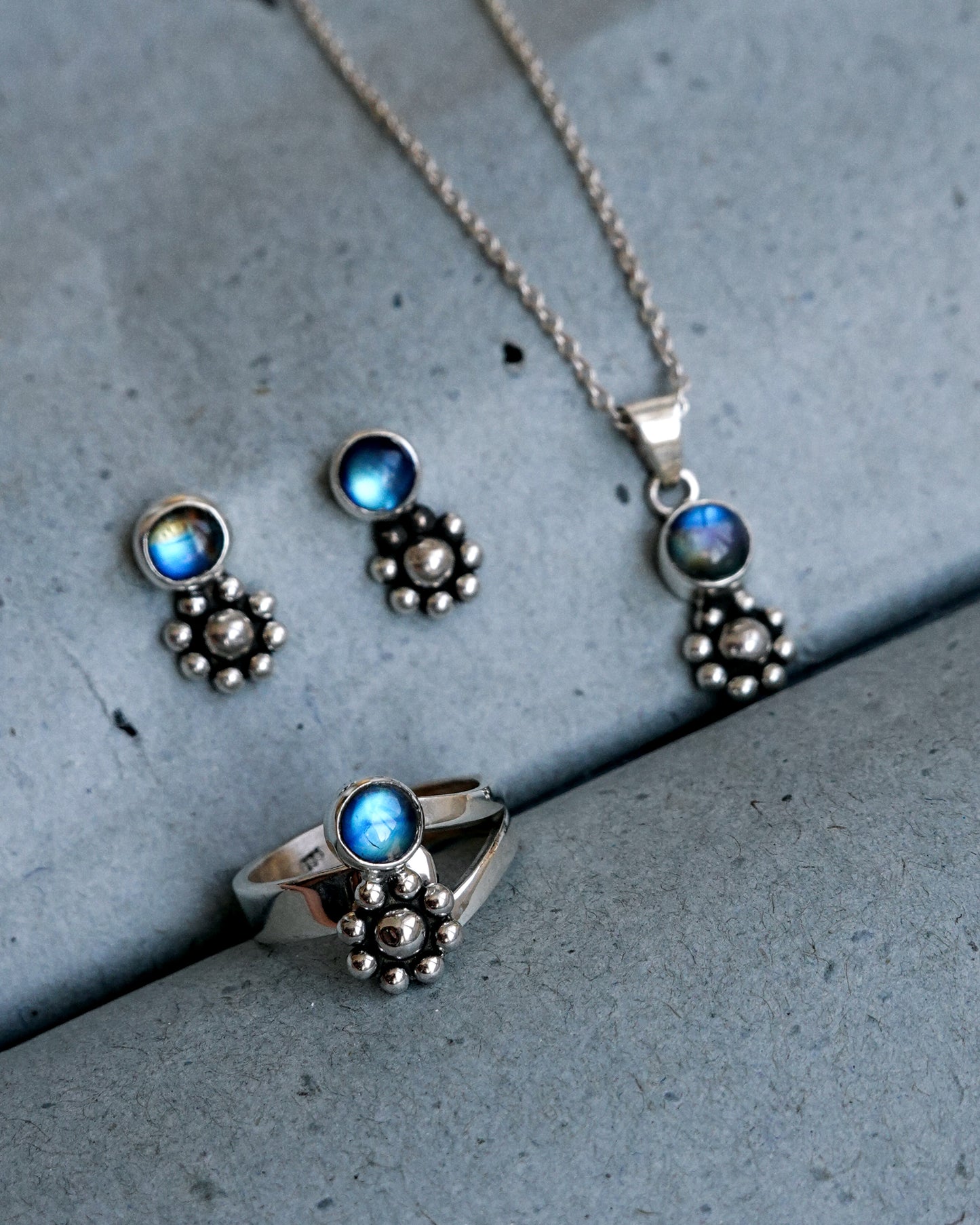 N149- PHOOL SET Blue Rainbow Moonstone Earrings, Necklace & Ring