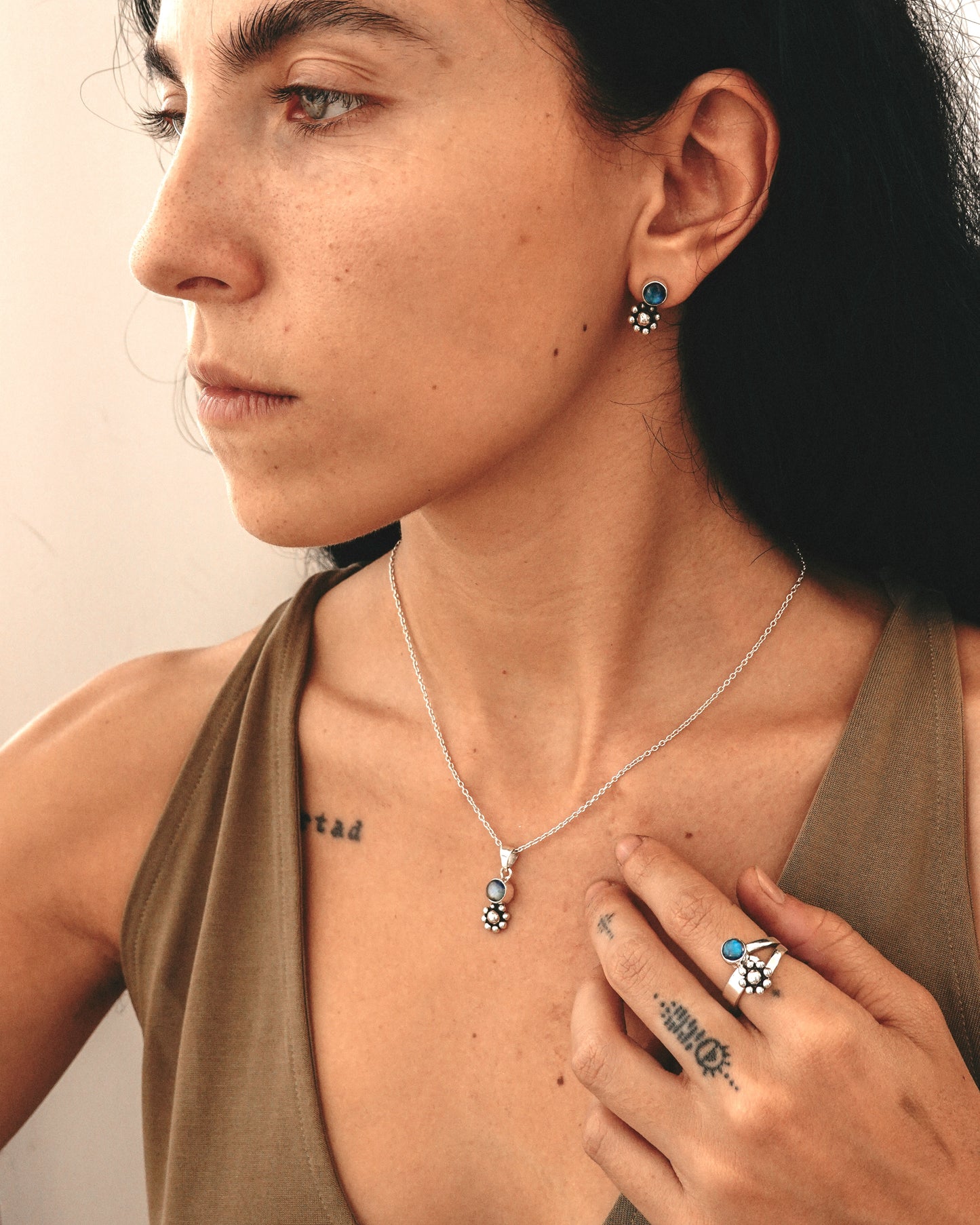 N149- PHOOL SET Blue Rainbow Moonstone Earrings, Necklace & Ring