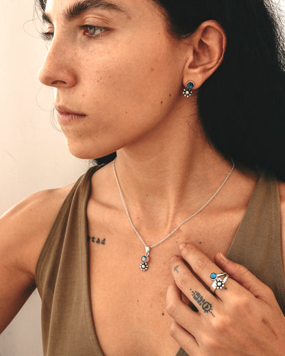 N149- PHOOL SET Blue Rainbow Moonstone Earrings, Necklace & Ring