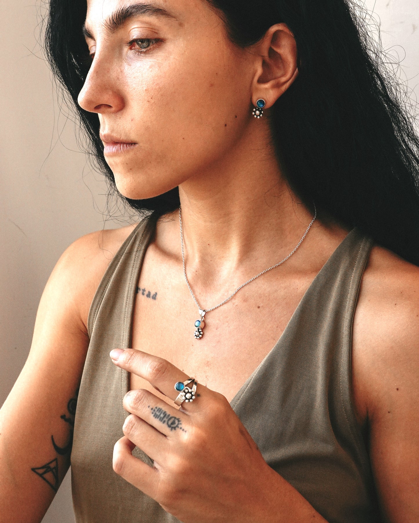 N149- PHOOL SET Blue Rainbow Moonstone Earrings, Necklace & Ring